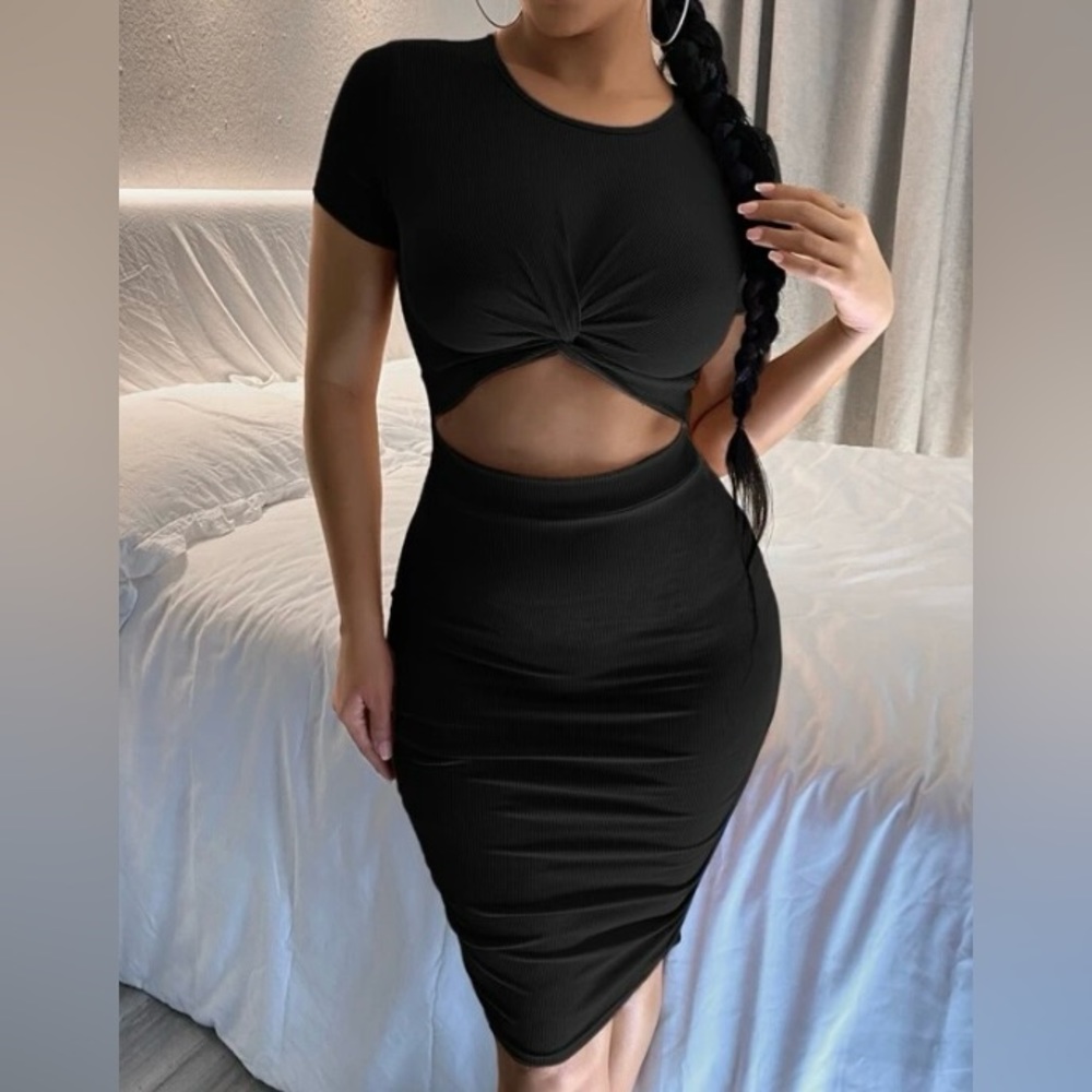 Black Twist Cut Out Sexy Fitted Midi Dress